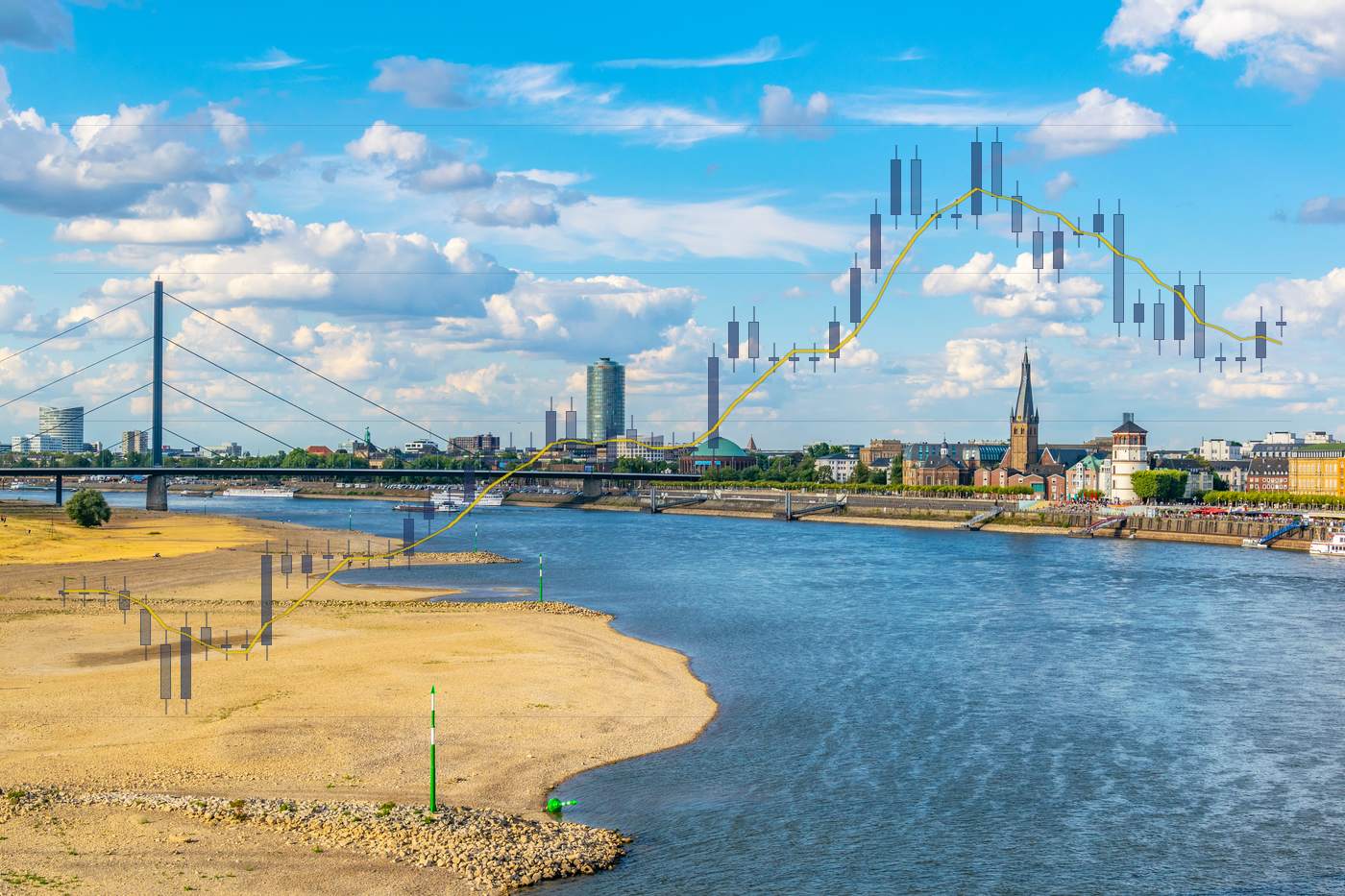 De Rijn bij Düsseldorf met drooggevallen zandbanken, met de gasprijs van augustus en september als koersgrafiek over het beeld